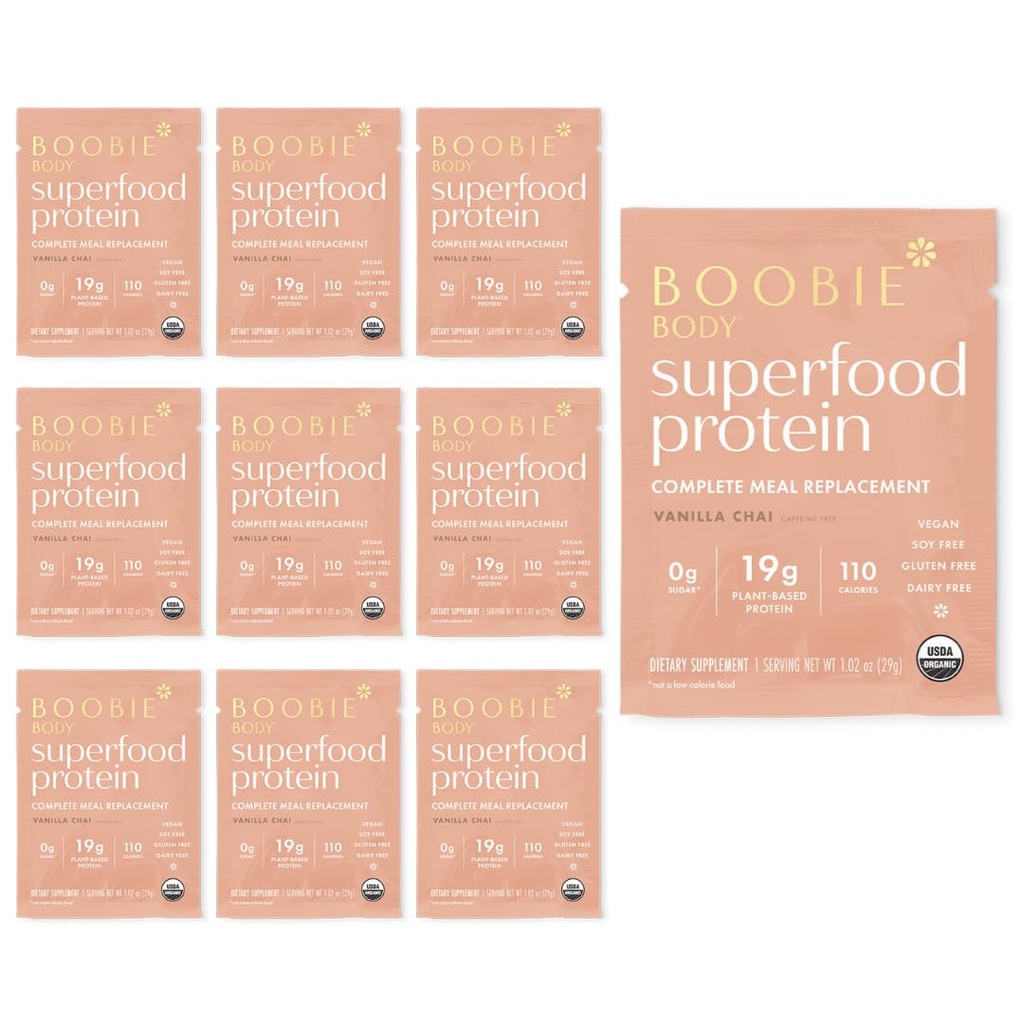 Boobie Body Superfood Protein Meal Replacement Shake, Vanilla Chai Flavor | 19g Protein | Säker för graviditet, Laktation, och Moderskap | Organic, Vegan, Zero Sugar, 10 Single Serve Packets (1,02 uns varje)