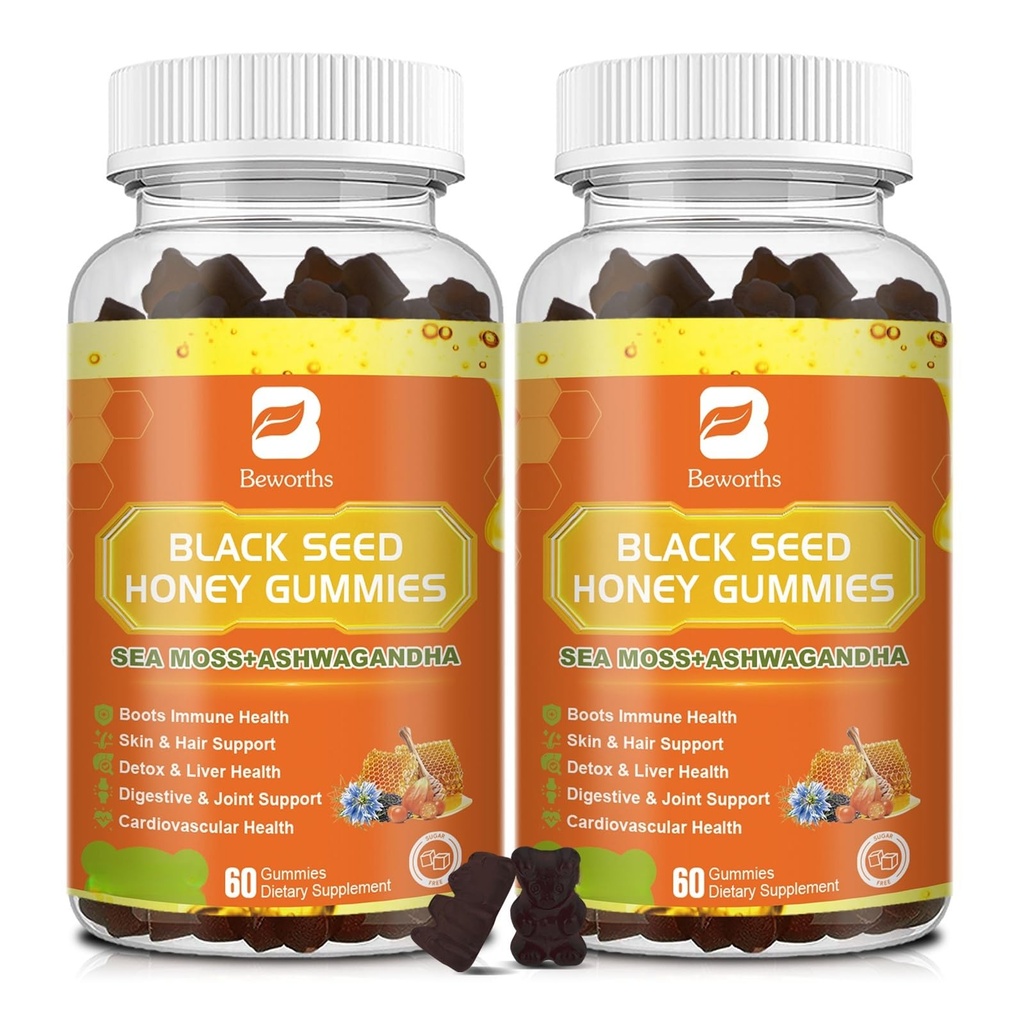 (2 Pack) Black Seed Oil Sea Moss Gummies med Ashwagandha, Burdock Root, Linden Honey, Elderberry, Turmeric, Vitamin C, D3 & Zink - Stöder immunitet, Joints, Digestion, Hair & Skin, Vegan Gummies 120