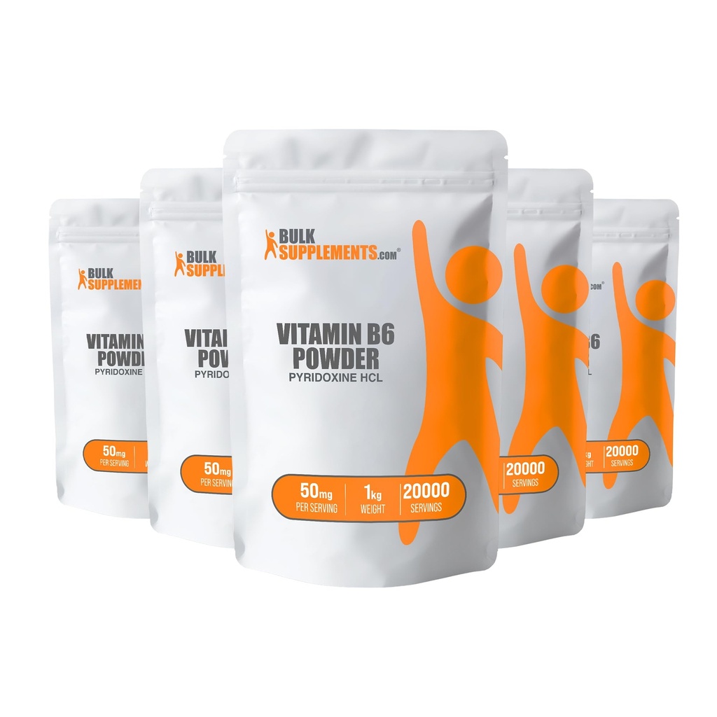 BulkSupplements.com Pyridoxine HCl Powder - Vitamin B6 Supplement, Vitamin B6 50mg - för Immune Support, Gluten Free, 50mg Pyridoxine B6 per Servering, 5kg (11 lbs) (Pack of 5)
