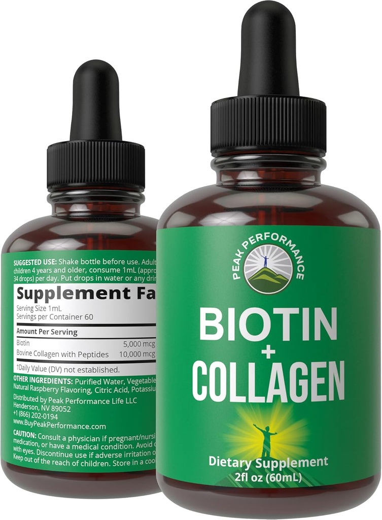 Liquid Collagen för kvinnor och män med Biotin. Avancerade 2-i-1 orala droppar för hårväxt, hud och naglar. 10 000 mcg Bovine Collagen Peptides + 5 000 mcg Biotin. Glutenfri, Zero Sugar Supplements
