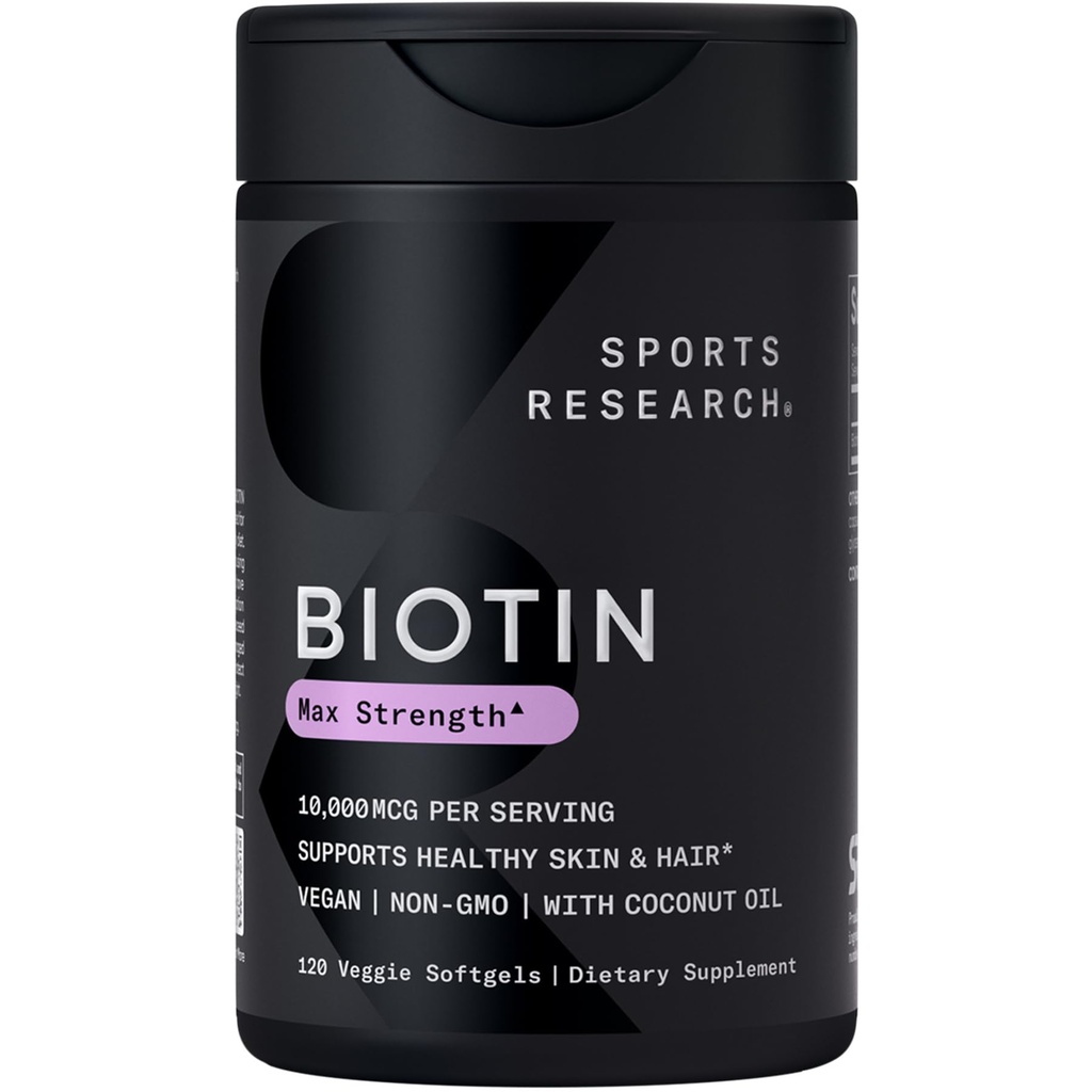 Sports Research® Biotin 10 000 mcg luomukookosöljyllä - Biotin (Vitamin B7) terveelle iholle ja hiustuelle* - naisille ja miehille - Vegaani, GMO:ton, gluteeniton ja soijaton - 120 Veggie Softgels