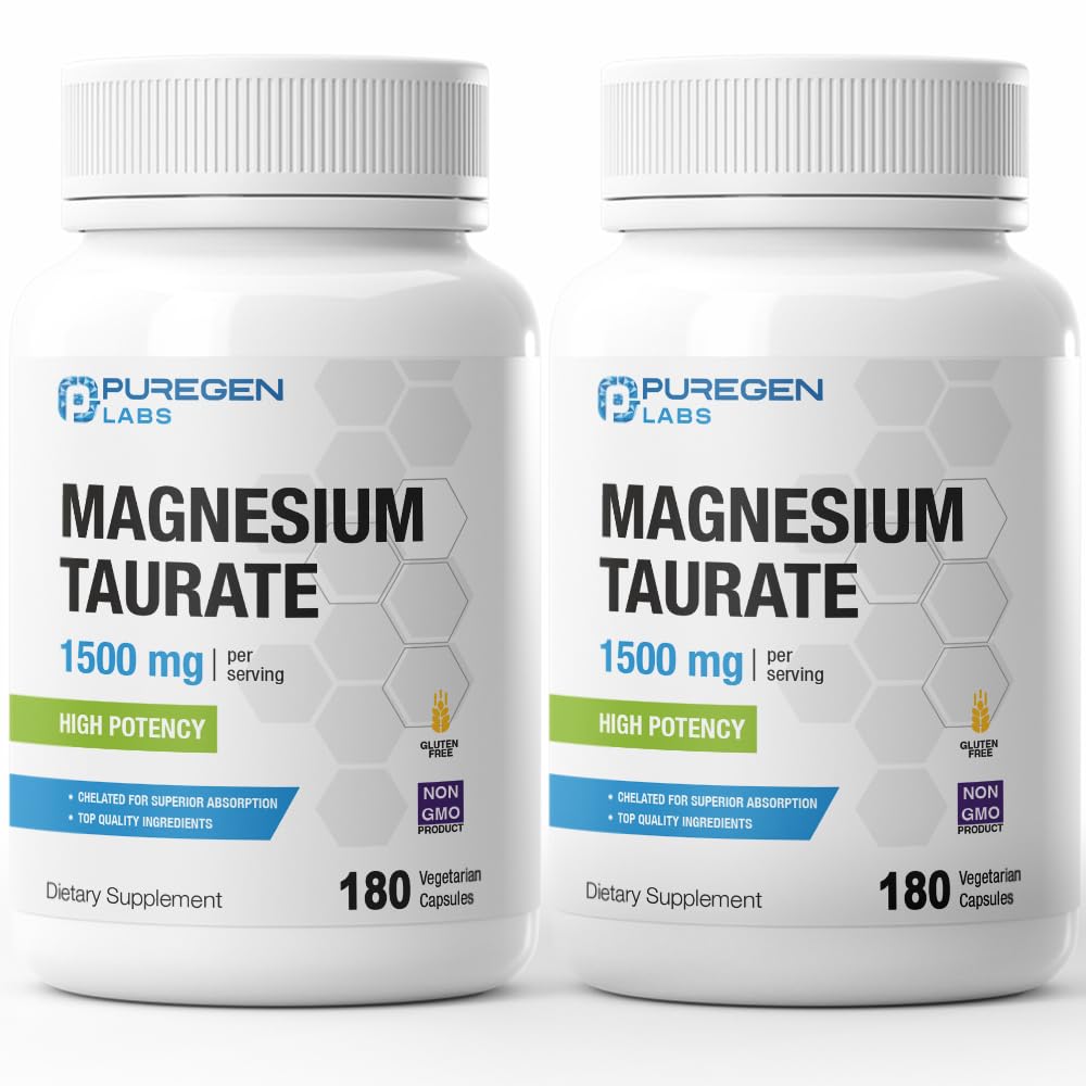 Puregen Labs Magnesium Taurate 1500mg per servering [High Potency] Total 360 Veggie Caps, Chelated for Superior Absorption, Non-GMO, NO Gluten och Dairy | Made in USA