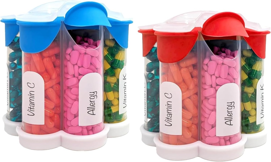 Erittäin suuri pilleri Järjestäjä Päivittäinen, Viikoittain, Kuukausittainen täydennysosa Pullo, Söpö Blossom pilleri Jakaja 7 XL Osastot (2 Pack Combo) (Vaalean sininen ja punainen)