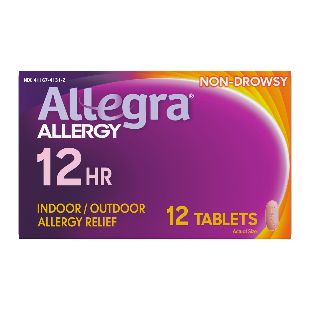 Allegra Aikuinen 12-tuntinen allergialääketabletti, ei-huokoinen sisä- ja ulkoilma-allergialääke, 60 mg Fexofenadiinia HCI antihistamiinipilleri, 12- kiloinen