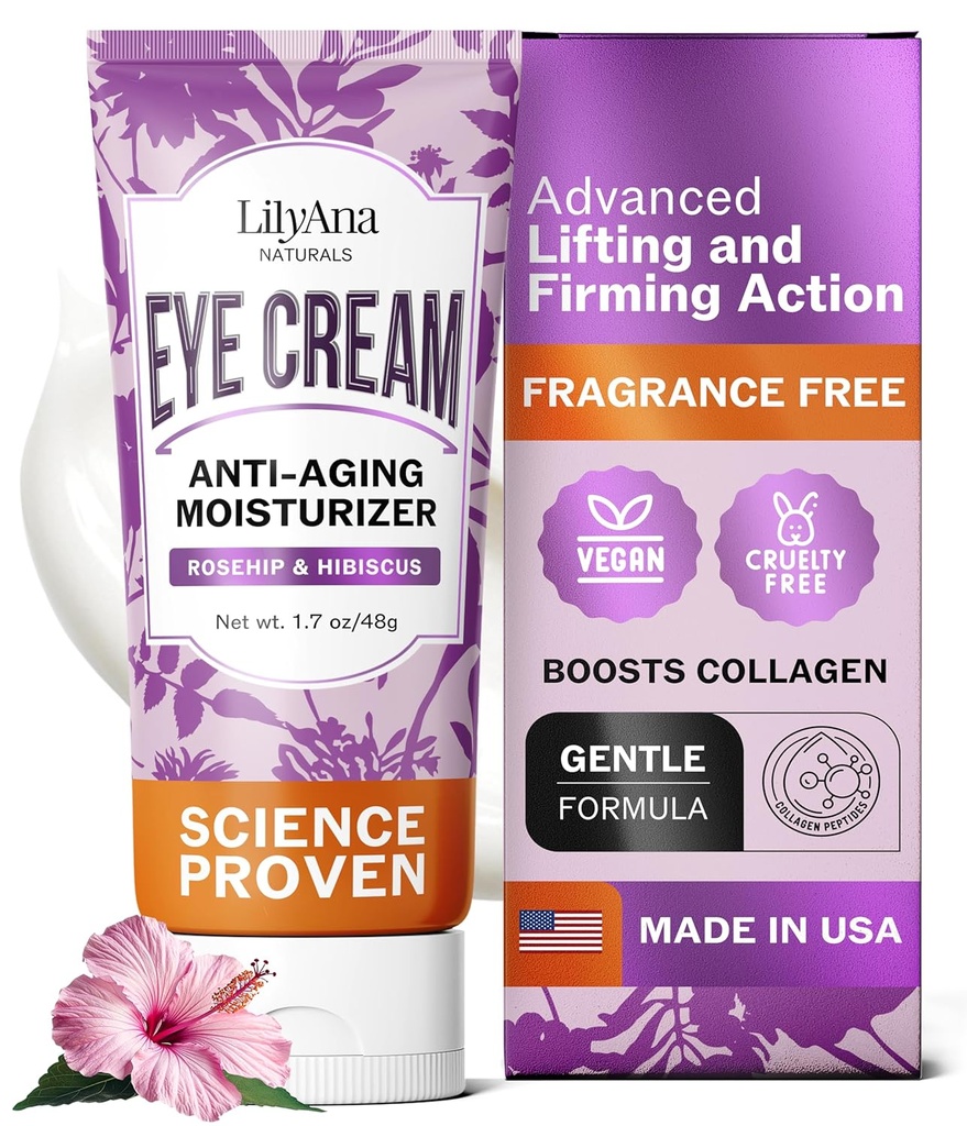 LilyAna Naturals Eye Cream för mörka cirklar och puffiness, Under Eye Cream för rynkor och väskor, Anti Aging - hjälper till att förbättra torrhet; för känslig hud - 1,7 oz - Made in USA