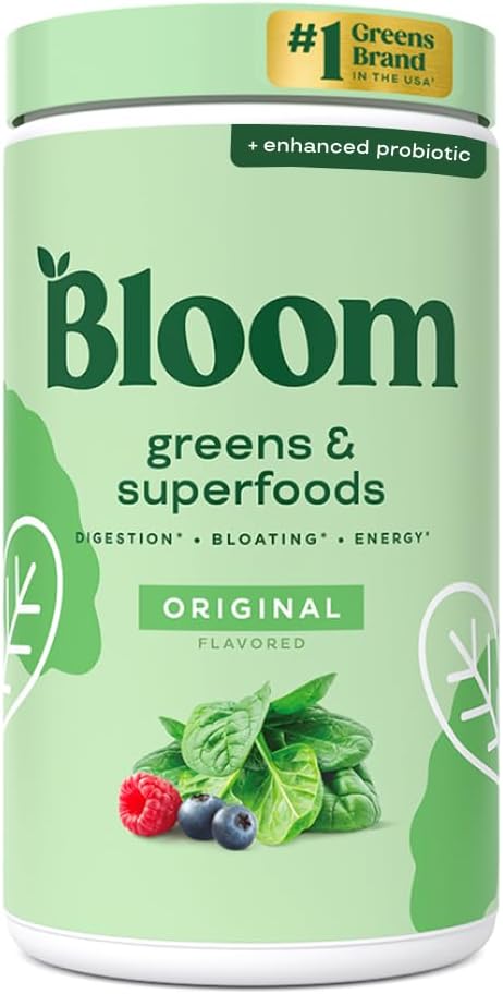 Bloom Nutrition Superfood Greens Powder, Divegestive Enzymes with Probiotics and Prebiotics, Gut Health, Bloating Relief for Women, Klorella, Green Juice Mix with Beet Root Powder, 60 SVG, Original