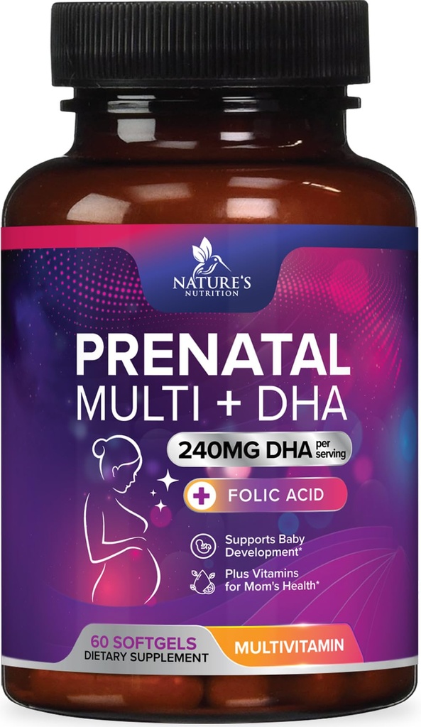 Foolihappo- ja DHA-vitamiinit, Fetal Brain Development Support Folate & Omega 3: n, Prenataali monivitamiini naisille, A-vitamiini, C-vitamiini, D-vitamiini, B6-vitamiini, B12 & rauta, raskauslisä - 60 Softgelia