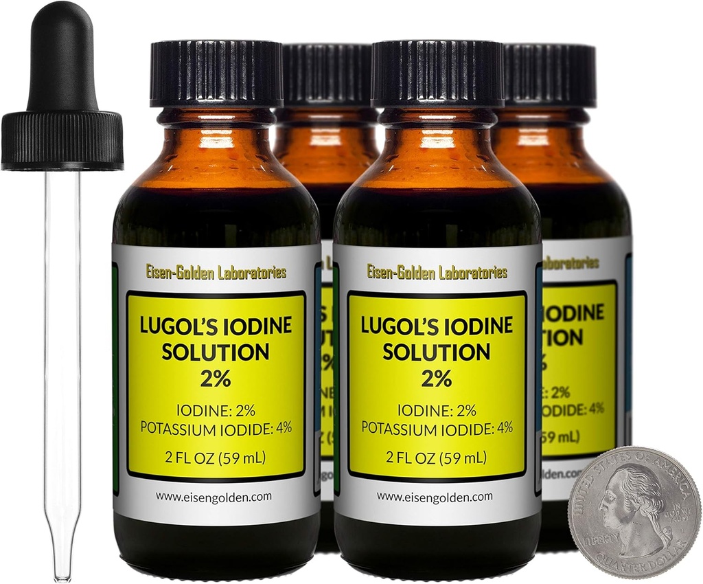 Lugols jod / 2% Lösning / 8 Oz i fyra Amber Glasflaskor / Free Droppers / USA