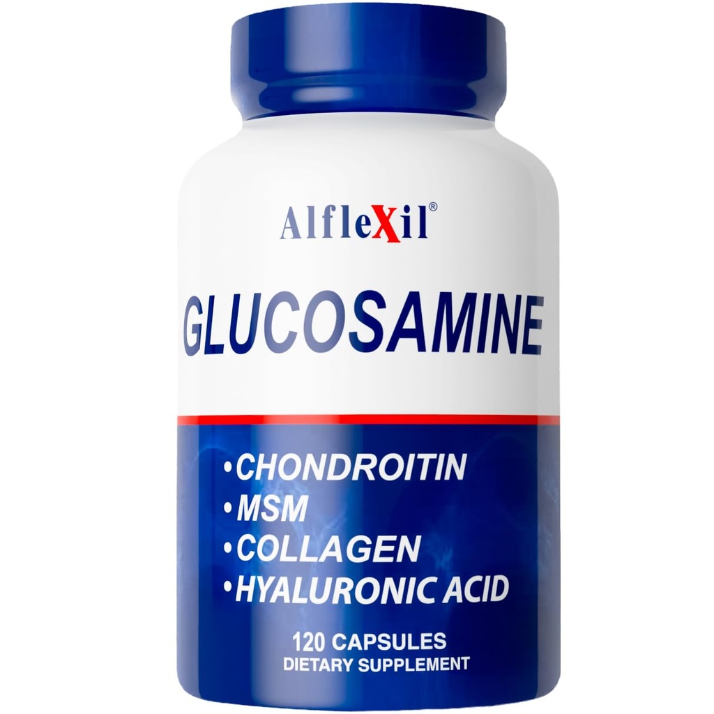 ALFA-VITAMINS Alfleksiiliglukosamiini, kondroitiini ja kollageenilisä, gluteeniton, tuki nivelet, luut ja polvet, sisältää MSM & Hyaluronic Acid for Mobility & Joint Health, 120 kapselia