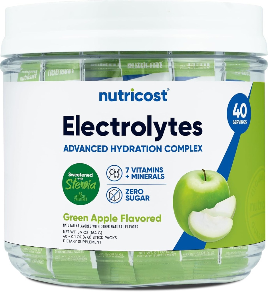 Nutricost Electrolytes Complex, Green Apple Flavored, 40 Sticks - Advanced Hydration Complex