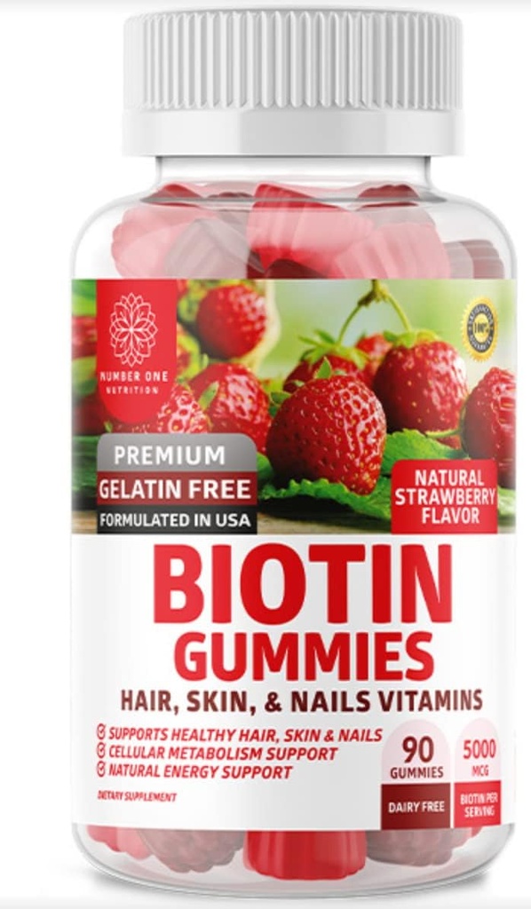 Number 1 Number N1N Premium Biotin Gummies 5000mcg [High Potency, 90 Gummies] terveille hiuksille, iholle ja kynsille aikuisille ja lapsille, vegaanille, ei-GMO, Pektiinipohjainen