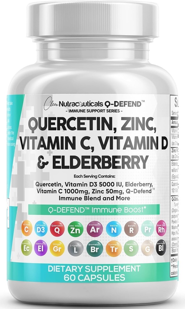 Q Defend Quercetin täydennysosa Sinkki C-vitamiini D Elderberry Turmeric Musta Pippuri Valkosipuli Inkivääri meri Moss Lysine Sting Nettle Reishi Mushroom Immuuni tuki 60 kapselia Clean Nutra