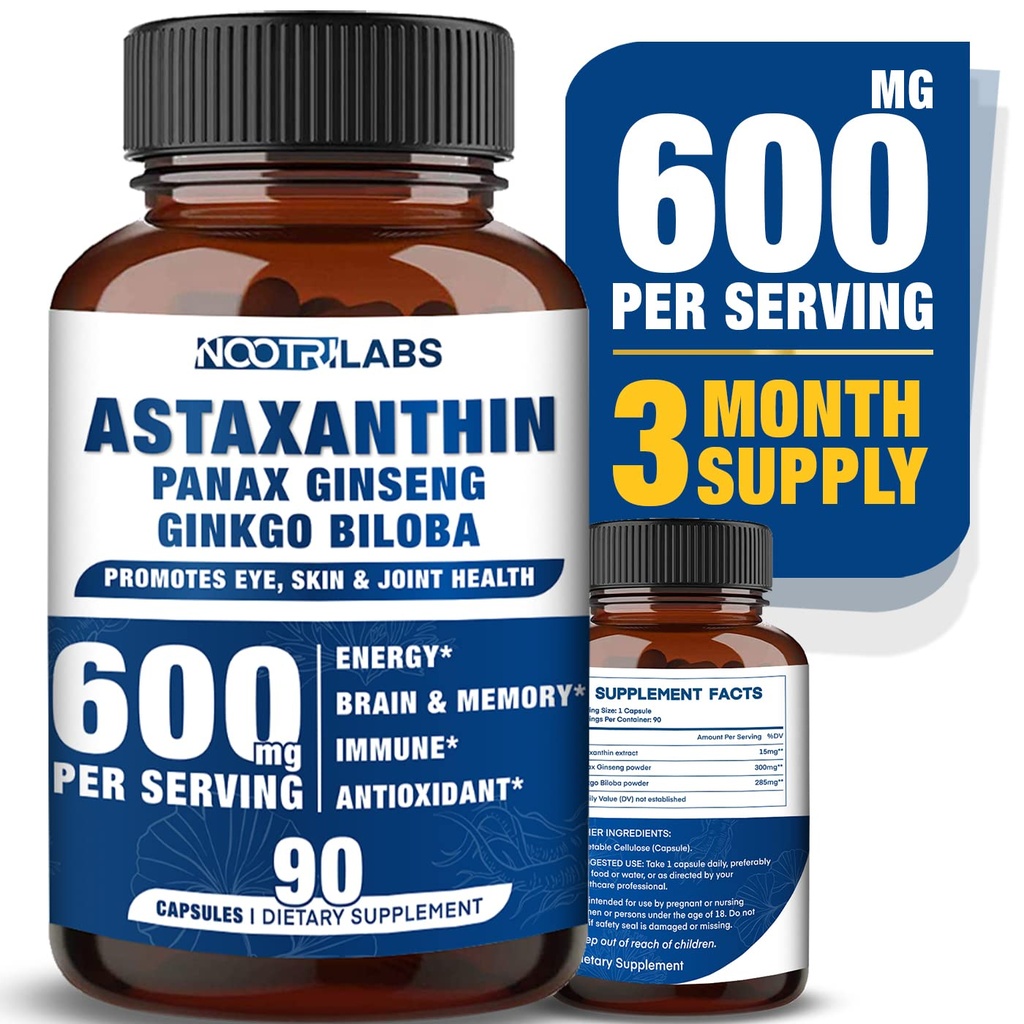 Astaksantiini 15 mg + Panax Ginseng, Ginkgo Biloba lisäravinteet, 90 vegaanista kapselia, edistää silmien terveysenergiaa, kardiovaskulaarista tukea + immuunipuolustusta ja keskittyä