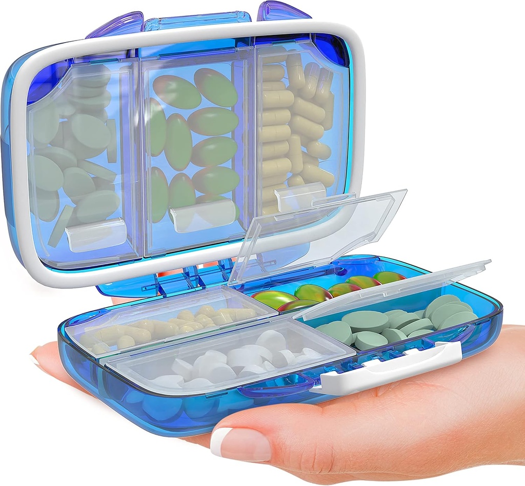 Matkustaa pilleri Järjestäjä - Kosteus Todiste Kannettava Vitamiini Holder 7 Osastot, Compact Supplement Case laukku Essential Medicine Kit Fot Traveling Pocket Pharmacy kanssa etiketit, sininen