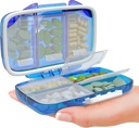 Travel Pill Organizer - Moisture Proof Portable Vitamin Holder med 7 Compartments, Compact Supplement Case for Purse Essential Medicine Kit Fo Traveling Pocket Pharmacy with Labels, Blue