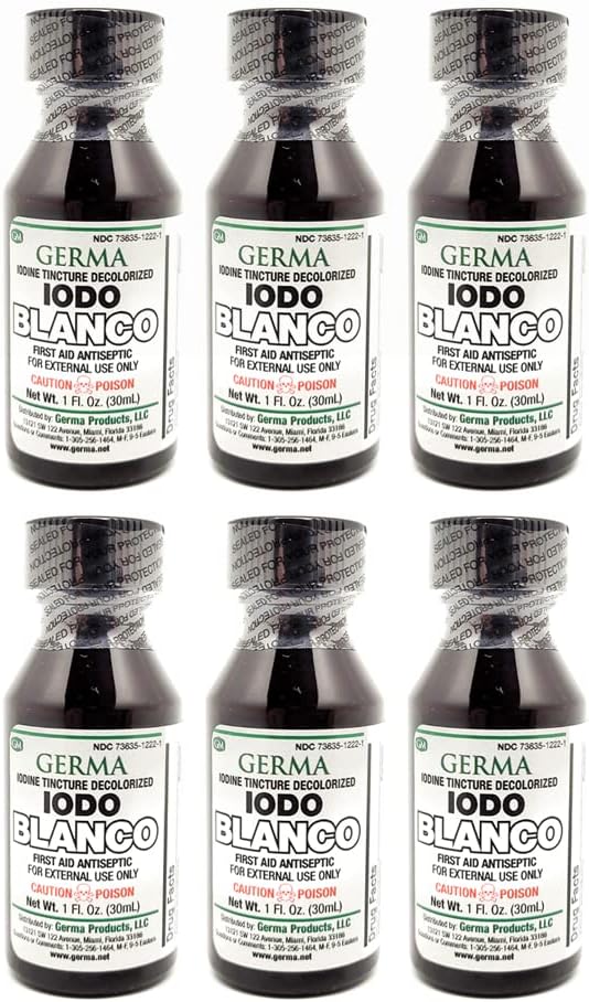 Germa White Iodine Tincture. Första hjälpen Antiseptic. för mindre skrapor, skär, Bruises och Burns. Förhindrar hudinfektion. 1 uns. Förpackning med 6