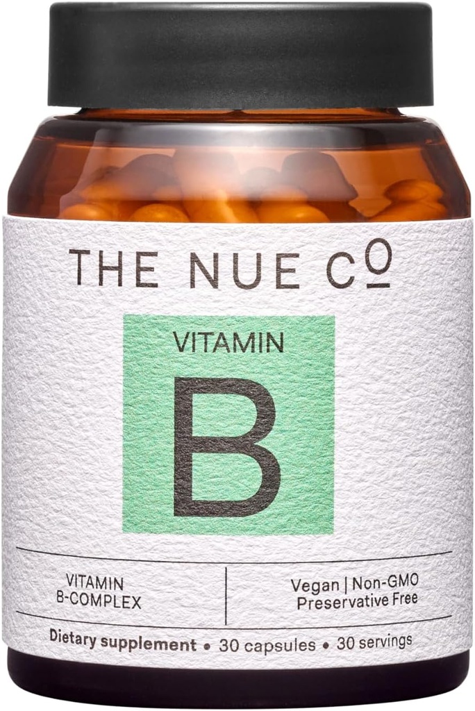 Nue Co. Vitamin B Supplement, stöder energi, främjar hälsosam hud och hår, Vegan, Gluten Free, 30 kapslar