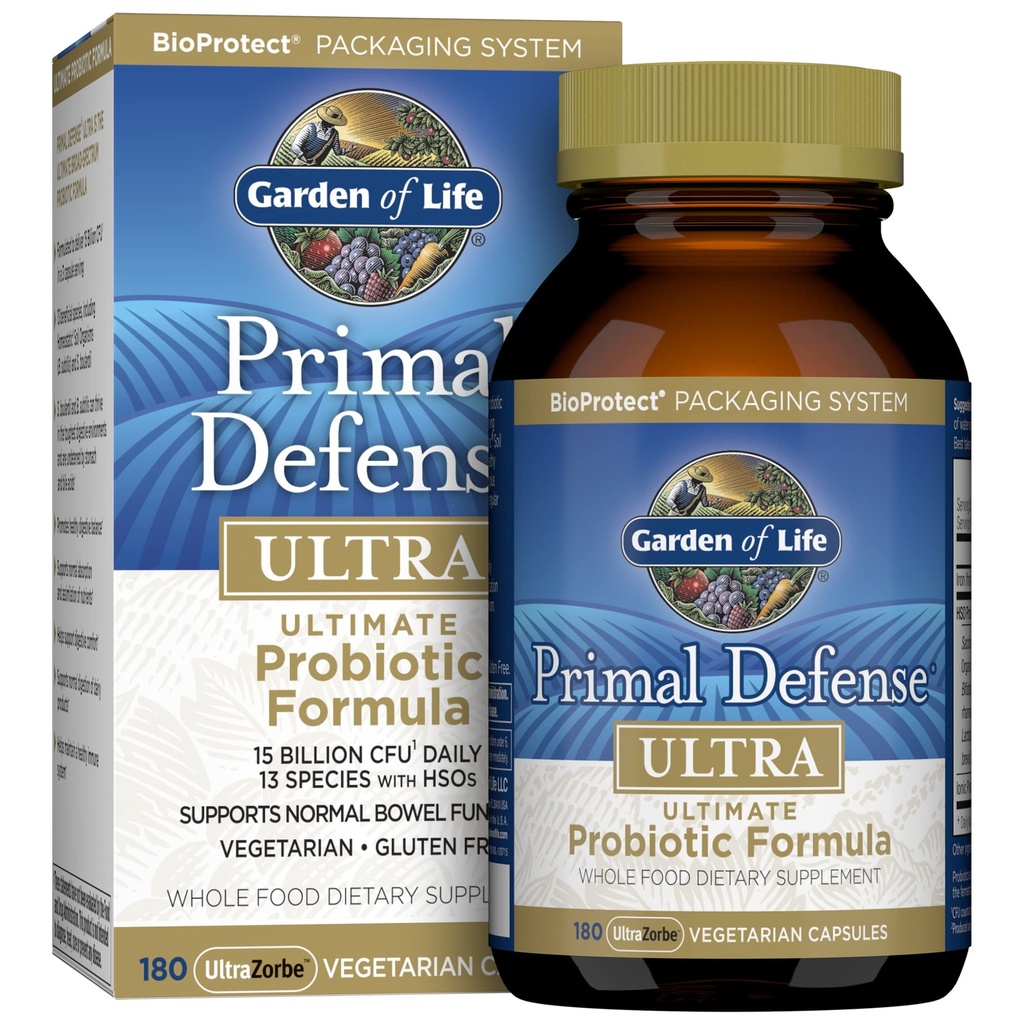 Garden of Life Probiotics for Digestive Health and Gut Health Balance, Primal Defense Ultra Ultimate Formel, 15 miljarder CFU och 13 Strains Plus HSOs, Vegetarian och Gluten Free, 180 kapslar