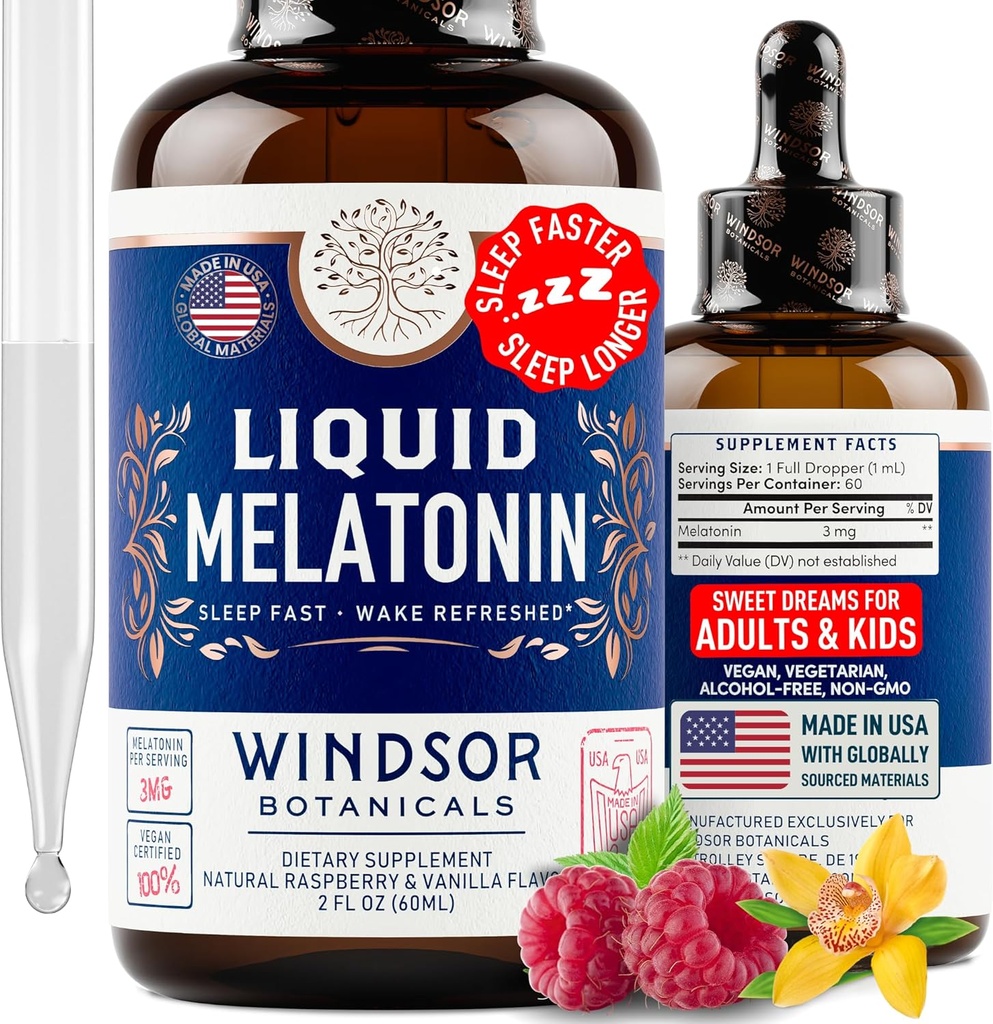 Liquid melatoniini aikuisille ja lapsille 6 Vuotta ylös - 3 mg Melatoniinin pudotukset Extra vahvuus Nestemäinen uniapu - Nopea Absorbtion, Vadelma Vanilla Flavor Melatonina - 2oz, 2-kuukautinen tarjonta, valmistettu USA