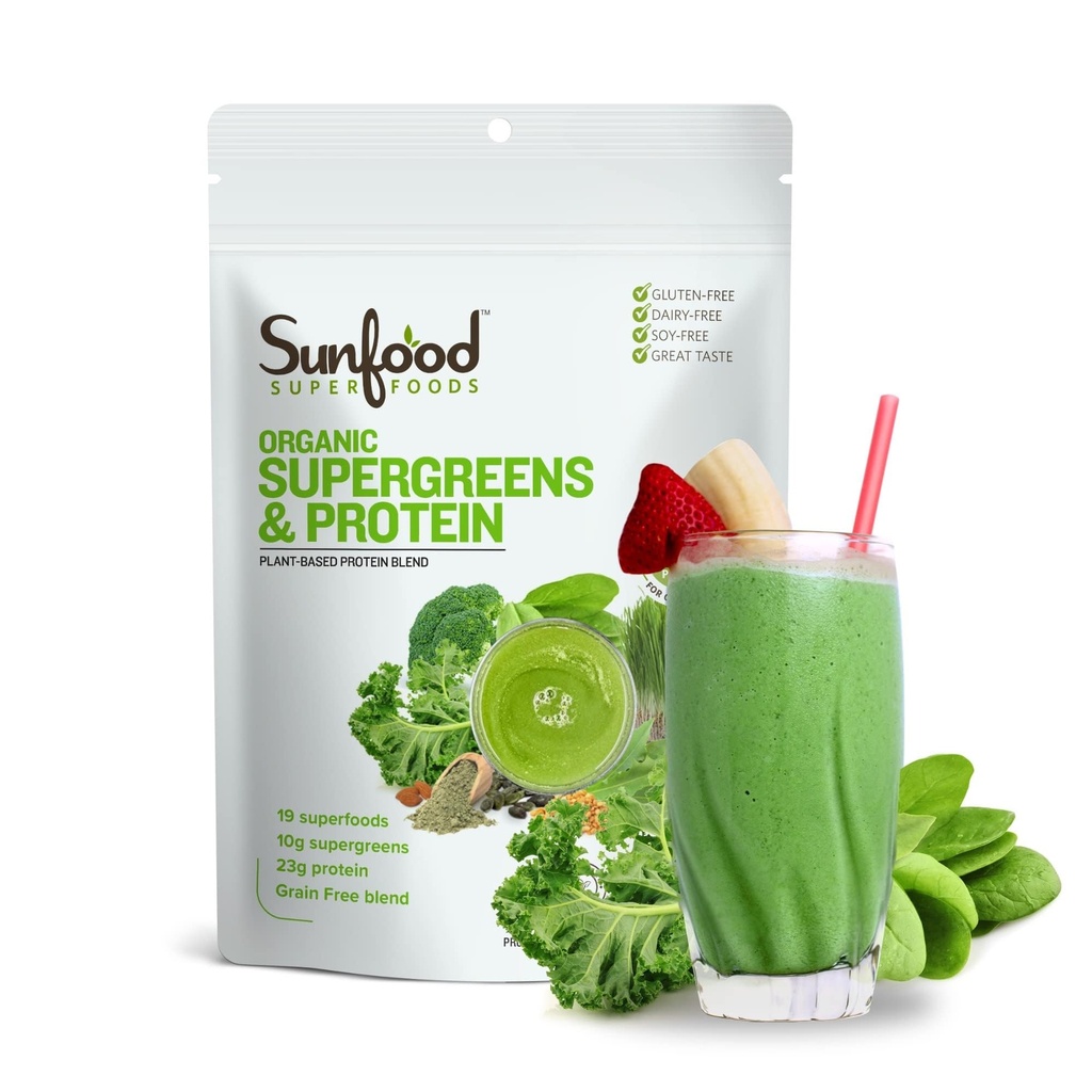 Sunfood Organic Supergreens & Protein - Greens Superfood Powder, Organic Protein Powder, Plant Based Vegan Protein, Super Greens for Gut Health w/Chlorella & Spirulina, 23g Protein Per Servering - 8 oz