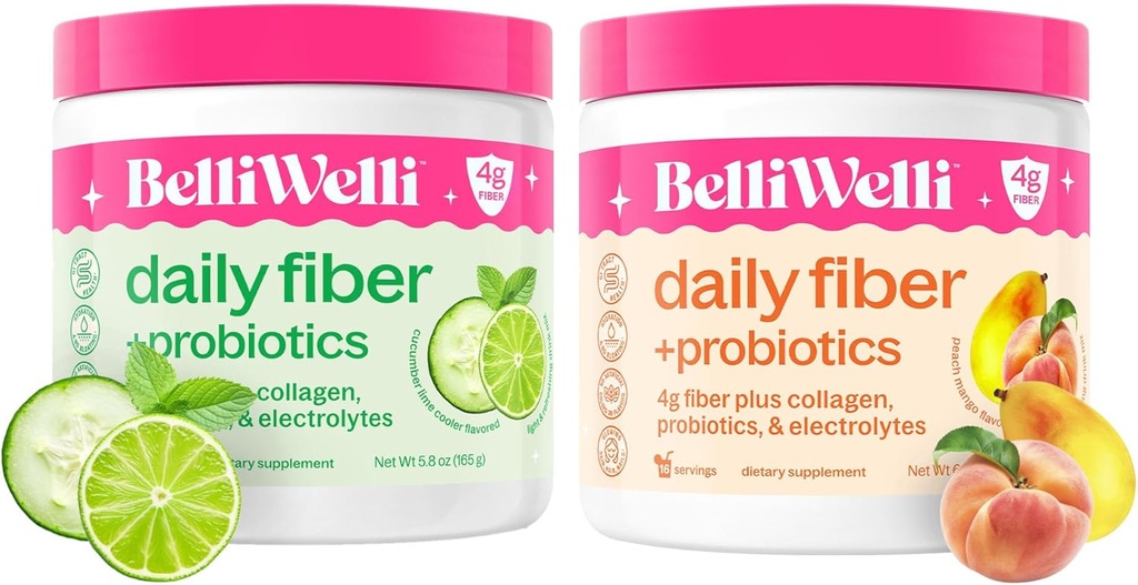 Päivittäinen kuitu täydentää Bundle Collagen, Probiootit, Elektrolyyttejä & Hydration Support - Cucumber Lime Mint & Peach Mango makuja - edistää ruoansulatusta, ihon terveyttä, Gut Balance - 32 tarjoilua