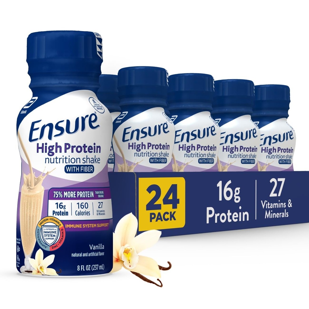 Varmista korkea proteiini pullotettu vanilja ravitsemus Shake kuitu, valmis juomaan, 16g proteiinia ja 27 vitamiinit ja mineraalit, 8 fl oz, 24 pakkaus
