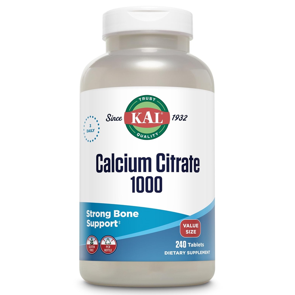 KAL Calcium Citrate 1000mg, Calcium Supplements for Women and Men, Bone Health, Teeth, Nervous, Muscular & Cardiovascular System Support, Gluten Free och Lab Verified, 80 Servings, 240 tabletter