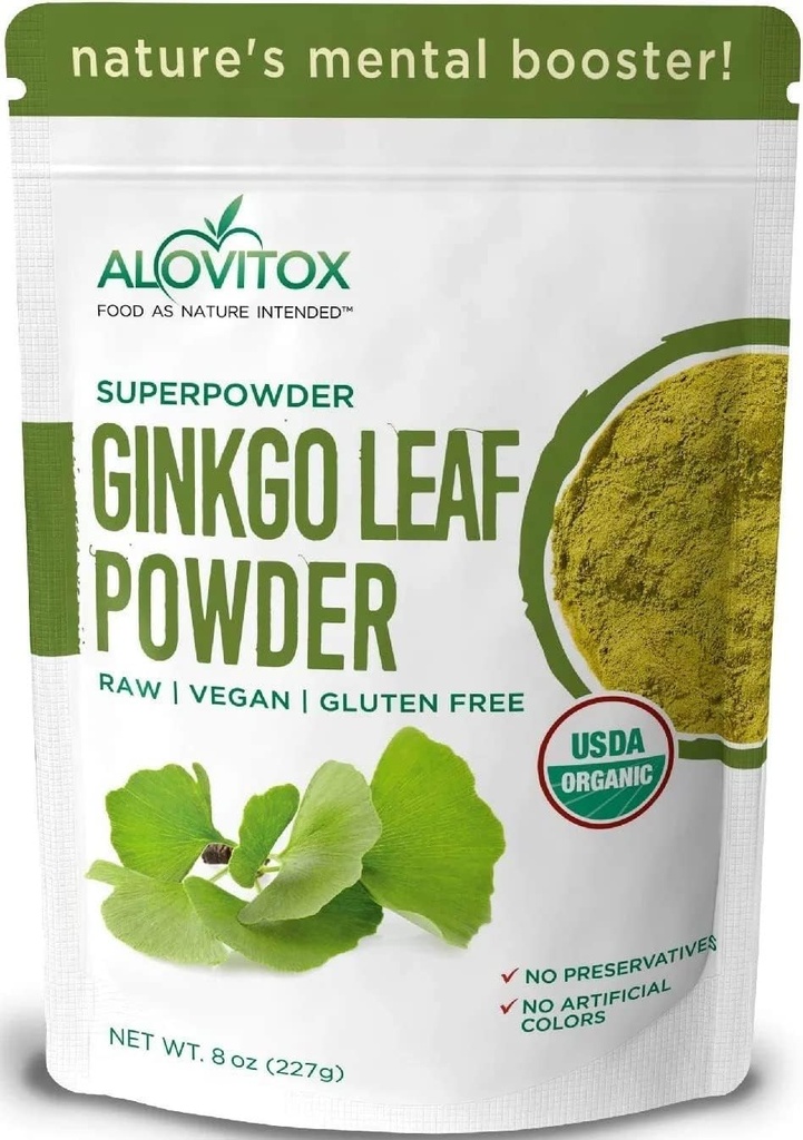 Ginkgo Biloba Leaf Powder 8oz - Ginkgo Biloba Tea tukee tervettä ikääntymistä, muistia, keskittyä, mieliala & keskittyminen - 100% Natural Ginko Leaf Extract, Vegaani, ei GMO & Certified Organic Ginkgo Leaf Powder