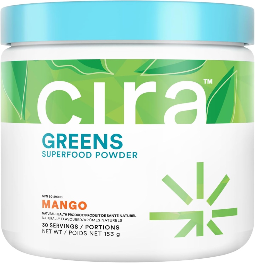 Cira Daily Greens - Naturligt sötad, organisk Spirulina Superfood Pulver med Premium, Antioxidant-Rich Ingredienser för avbloating, Digestion, & Energy - Mango, 30 portioner