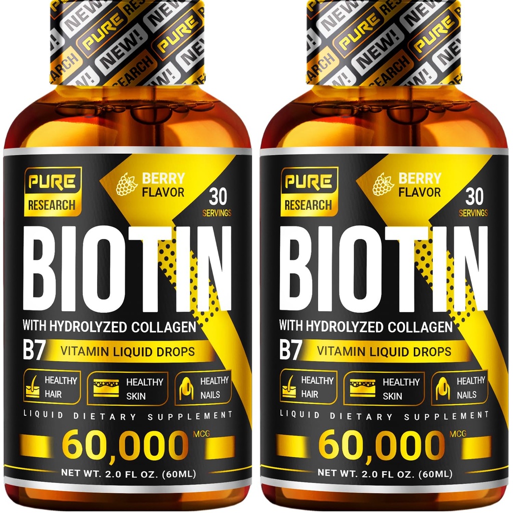 PURE TUTKIMUS Biotin & Collagen 60,000 mcg hiusten kasvua nesteenä tippa, tukee: vahvat kynnet, hehkuva iho, terve hiusten kasvu, enemmän imeytymistä kuin kapselit ja pillerit (4Fl Oz)