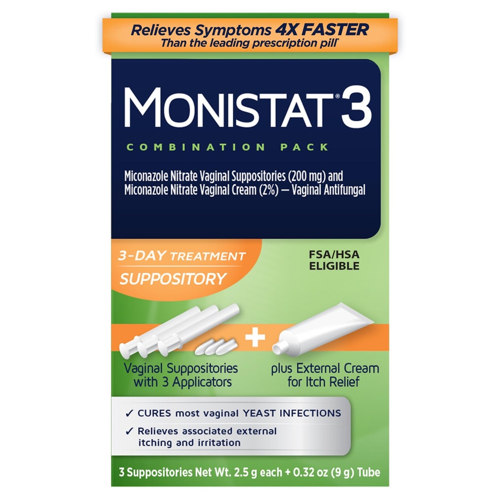 Monistat 3-päiväisen hiivatulehduksen hoito naisille, 3 Mikonatsoli Vaginal Suppositories & External Itch Relief Cream (9g Tube) Combo Pack