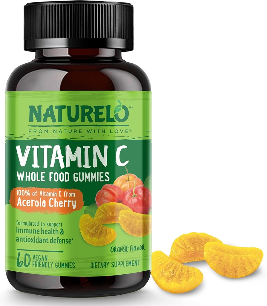 NATURALLO Koko ruoka C-vitamiini Gummies, C-vitamiini Acerola Cherry, kasviperäisiä täydentää, 60 Vegaani-ystävällinen Gummies