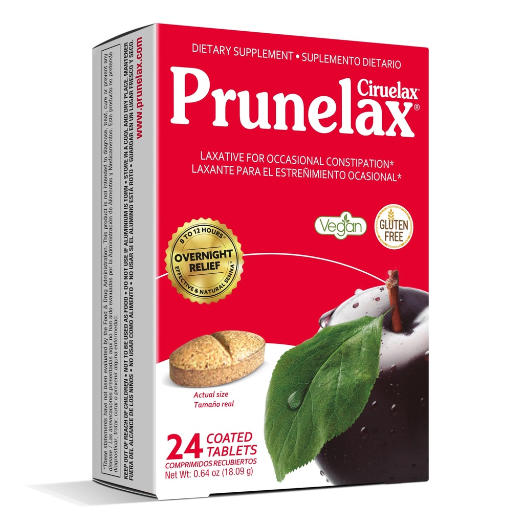 Prunelax Ciruelax Regular Strength Laxative Tablets - Övernattning Befrielse för yrkesmässig förstoppning, Senna Extract, Vegan & Gluten-Free, Fast-Acting Gentle Relief - 24ct