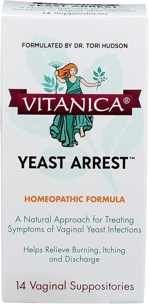Vitanica Yeast Arrest, Homeopathic Vaginal Suppositories, för Yeast Infection Symptoms, Relieves Burning, Itching & Discharge, med Boric Acid, Tea Tree Oil & Probiotics, Vegan (Yeast Arrest, 14)