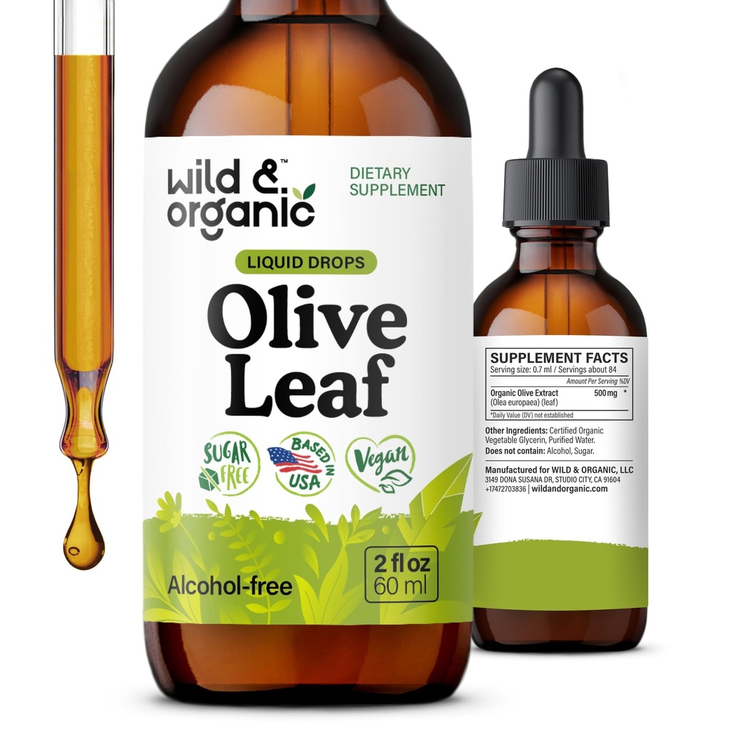 Wild & Organic Olive Leaf Extract Liquid Drops - Antioksidantti & Immuuni tuki - Oleuropein Olive Leaf Supplement - Vegaani, sokeri & alkoholiton Drops - 2 fl oz