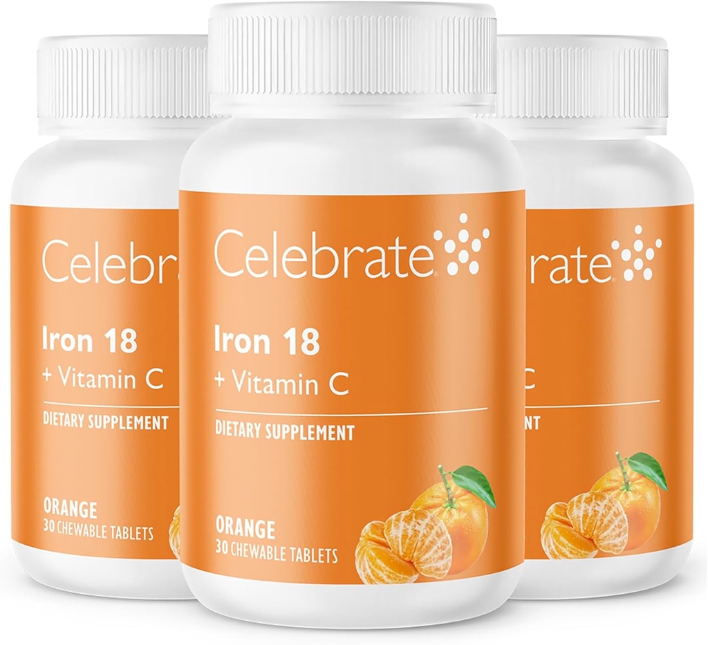 C-vitamiinia - 18 mg rautaa, 36 mg C-vitamiinia, Bariatrisia vitamiineja WLS-potilaille, vertikaalinen hiha ja mahalaukun ohitusleikkaus Tangeriini, 90 purutablettia