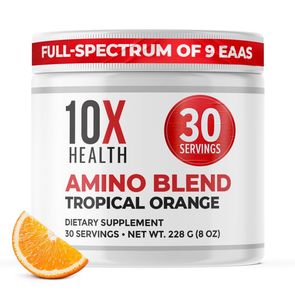 10X Health Aminohapot - 30 tarjoilut EAA & BCAA Powder, Pre workout BCAA kanssa Essential amino Acids Supplement - BCAAs & EAA varten pitkäikäisyys, lihasten tuki, vahvuus, energia - Trooppinen Orange