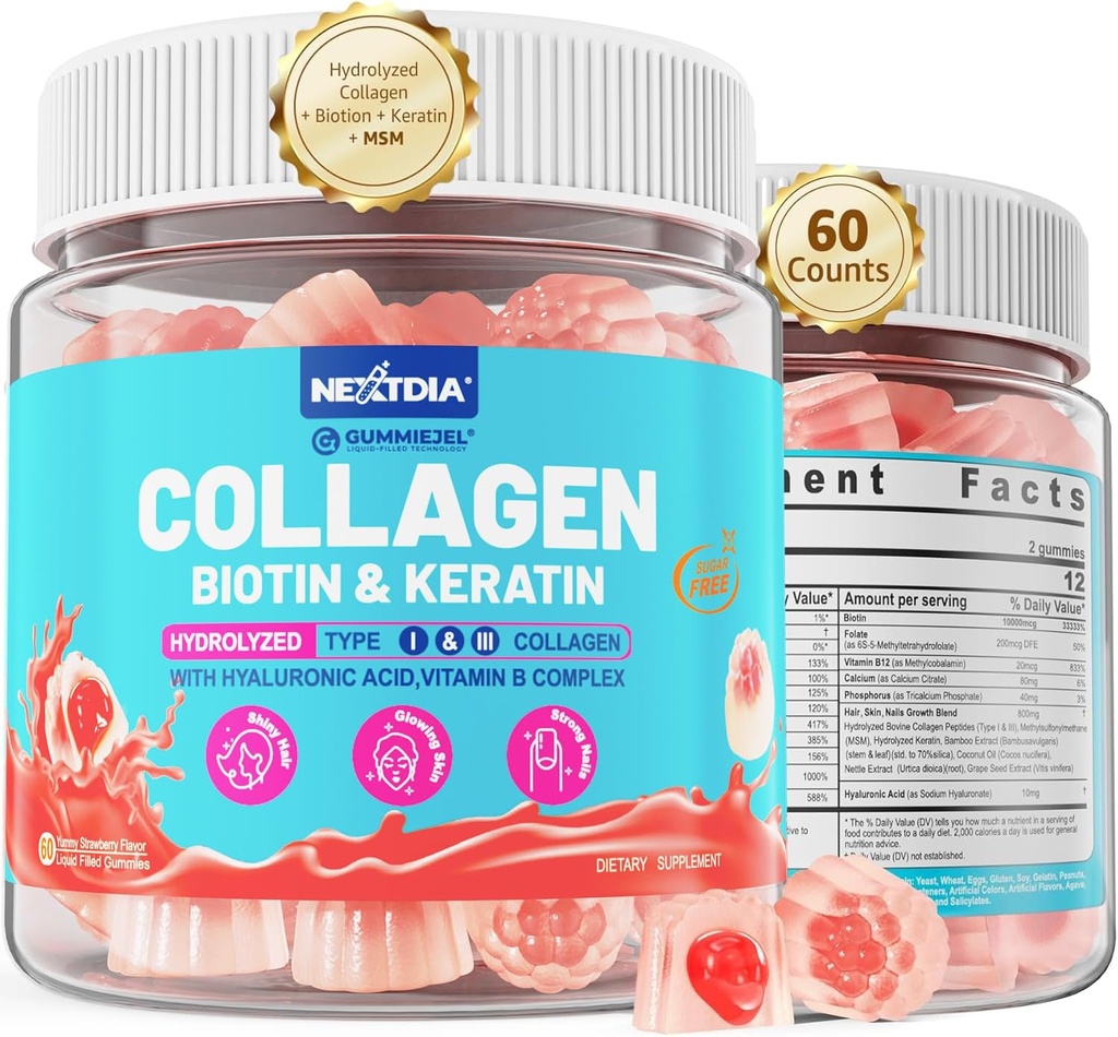 Multi Collagen Fylld Gummies för kvinnor Sugar Free Biotin 10000mcg, Multivitamin Hair Skin och Nails Vitaminer för hårväxt, med Hydrolyzed Collagen Peptide Keratin Hyaluronic Acid MSM Vitamin B