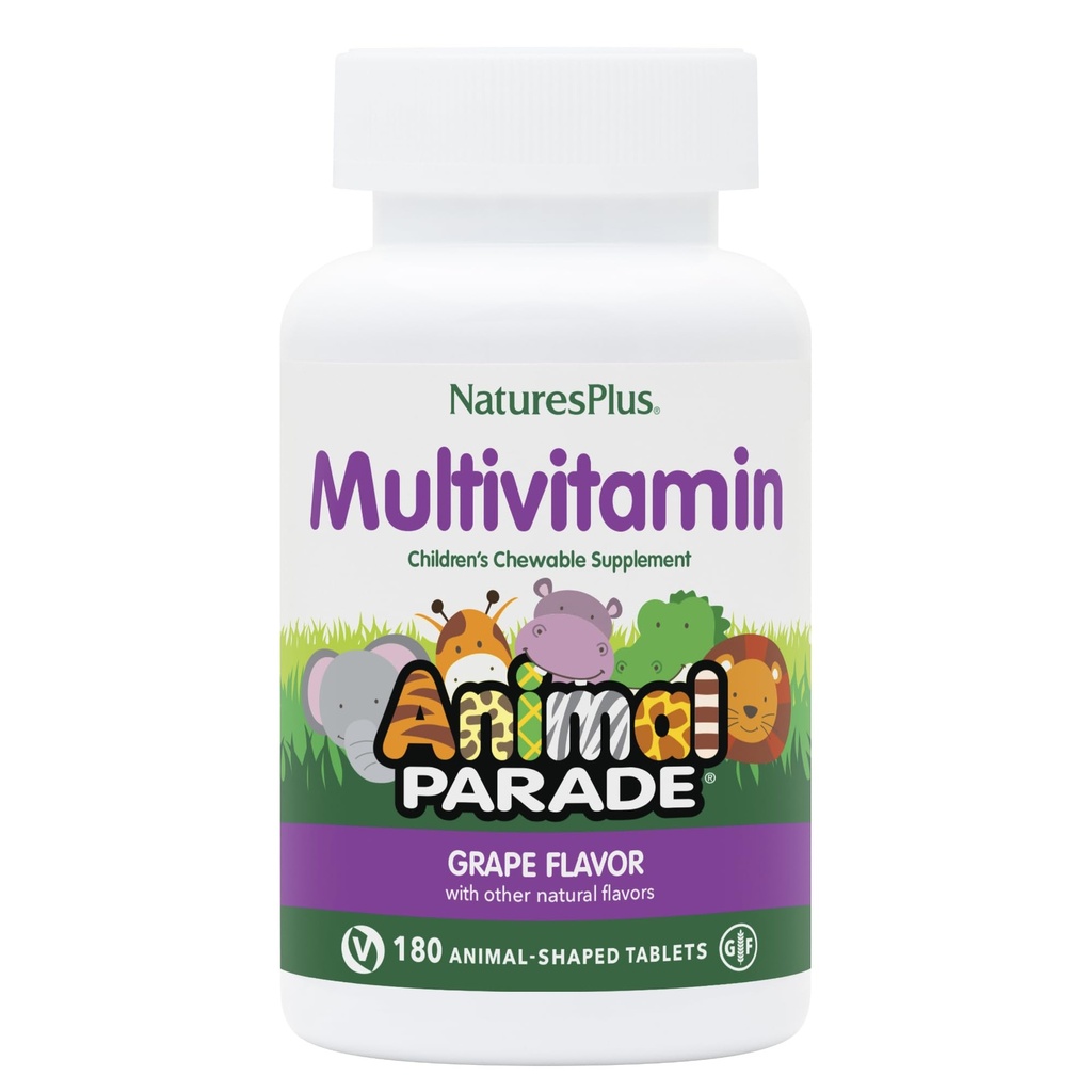 NaturesPlus Animal Parade Lasten pureskeltava monivitamiini - Rypäleen maku - 180 Eläinten muotoillut tabletit, pakkaus 2 - Edistää terveyttä ja hyvinvointia - Kasvisruokaa, Gluteeniton - 180 Tarjoilu yhteensä