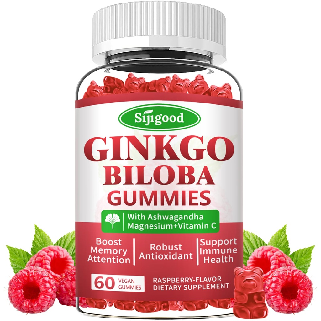 Ginkgo Biloba Gummies Panax Ginseng ja Magnesium, Ginkgo Biloba lisäravinteet Focus, Muisti, ja aivojen terveys aikuisille ja lapsille, Vegaani Vadelma Maku Gummies, 60 Count