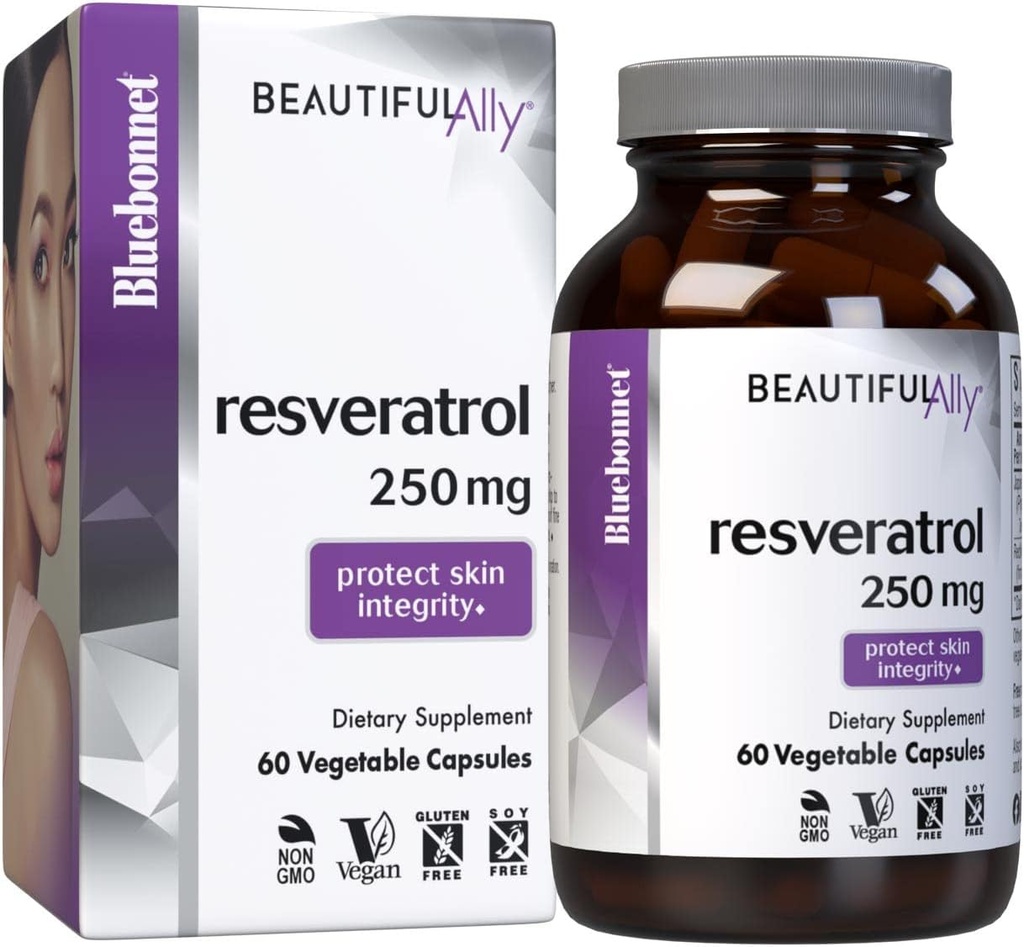 Bluebonnet Nutrition Beautiful Ally Resveratrol 250mg, Best for Skin, Antioksidantti, Kauneus ravintoaine, Vegaaninen, Kasvisruokaa, Ei GMO, Gluteeniton, soijaton, 60 Vihanneskapselit, 60 tarjoilua