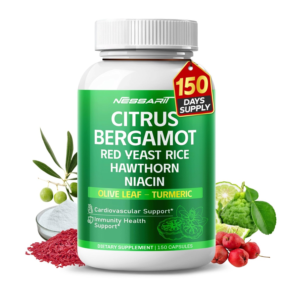 Citrus Bergamot Supplement - 15-i-1 Natural Blend med Red Yeast Rice Hawthorn Olive Leaf Odorless Garlic Turmeric Ginger Fenugreek - 150 greve - Made & Tested i USA