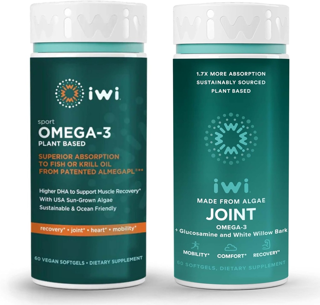 Iwi Omega-3 Sport & Joint Omega-3 Bundle, 30 Tarjoilua, Vegan Plant-Based Algae Omega 3, Krill & Fish Oil Alternative, No Fishy Aftertaste