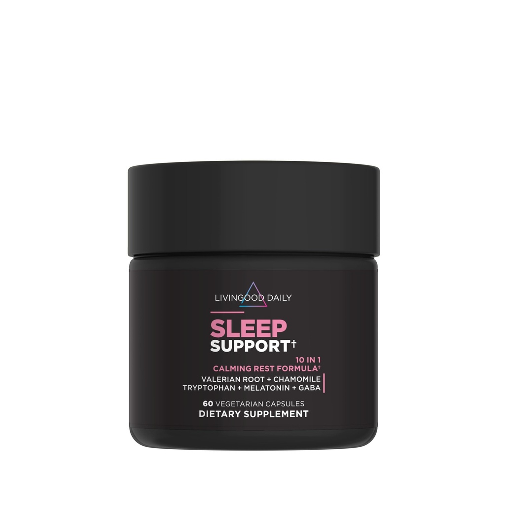 Livingood Daily Sleep Support Supplement, 10-in-1 Natural Sleep Aid with 5 MG Melatoniini, Valerian Root, Kamomilla, Tryptofan & GABA for Men & Women, Non Habit Forming, Gluteeniton, Vegaani, 60 kapselia