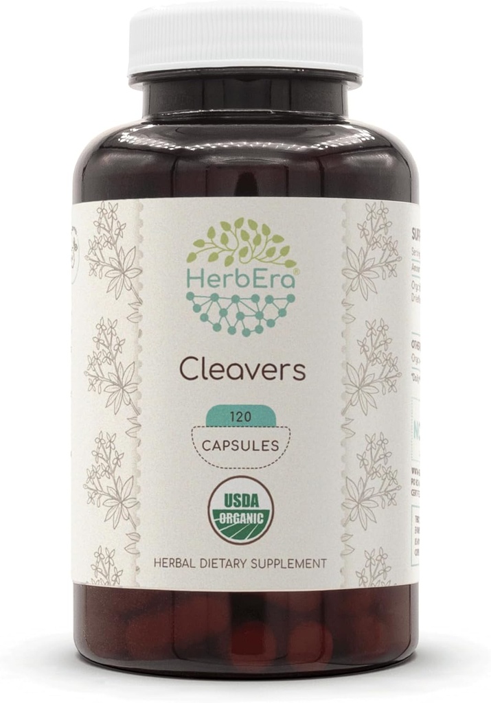 HerbEra Cleavers USDA Organic 120 kapslar | Natural Herbal Supplement | Certified Organic Vegetarian Capsules and Organic Cleavers (Galium aparine) Torkad ört (120 kapslar)