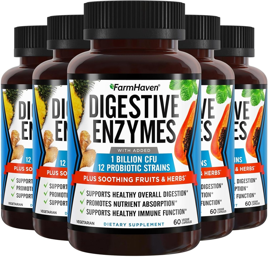 FarmHaven Digestive Enzymes med 18 Probiotics & Herbs | Papaya, Bromelain, Protease & More for Lactose Absorption & Better Digestion | Hjälper Bloating, Gas, Förstoppning | Vegetariska, 300 kapslar