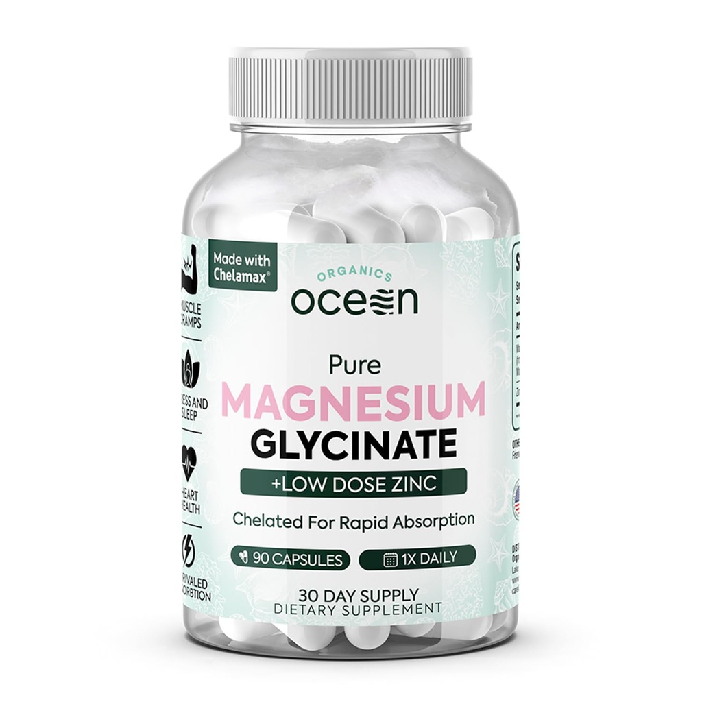Organics Ocean Pure Magnesium Glycinate med Zink - Maximal Strength Chelated Magnesium Supplement för kvinnor och män för muskelkramper och sömnstöd - 90 kapsel