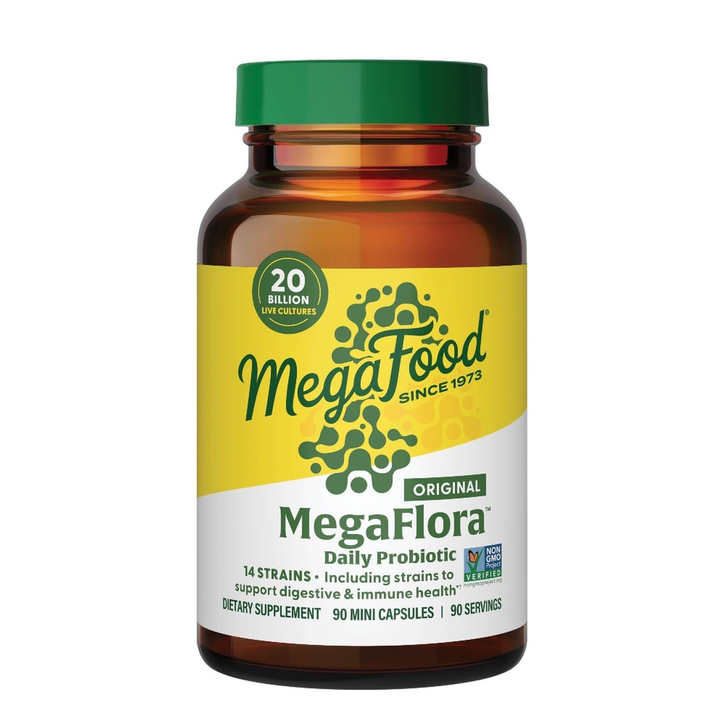 MegaFood MegaFlora Probiootti - Probiootit naisille Ruoansulatusterveys - Immunosupport Supplement - 20 miljardia PMY - 14 kanta - ei-GMO - Kasvissyöjä - 90 Mini Kapselit (90 palvelinta)