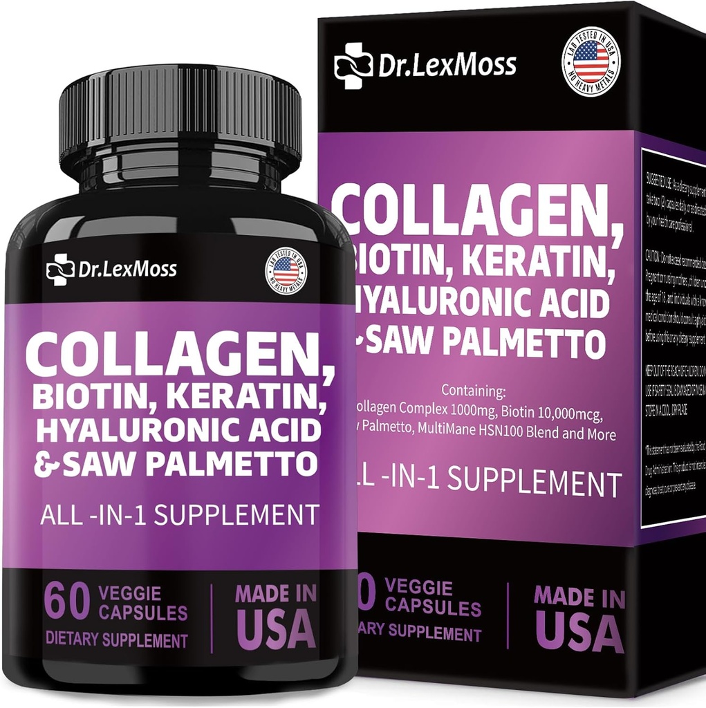 Collagen Pills Biotin Keratin Saw Palmetto Hyaluronic Acid, Vitaminer och DHT, Vitamin E Folic Acid Pumpkin Seed MSM för Män och Kvinnor Hair Skin och Nails, 60 kapslar