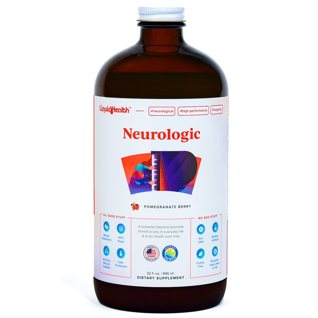 LIQUIDHEALTH Neurologic Focus Supplement - Brain Booster Nootropic Supplement for Cognitive Function, Memory & Focus with Ginkgo Biloba, Koliini, L-Theanine & Phosphatidylserine - USA Made (32 oz)